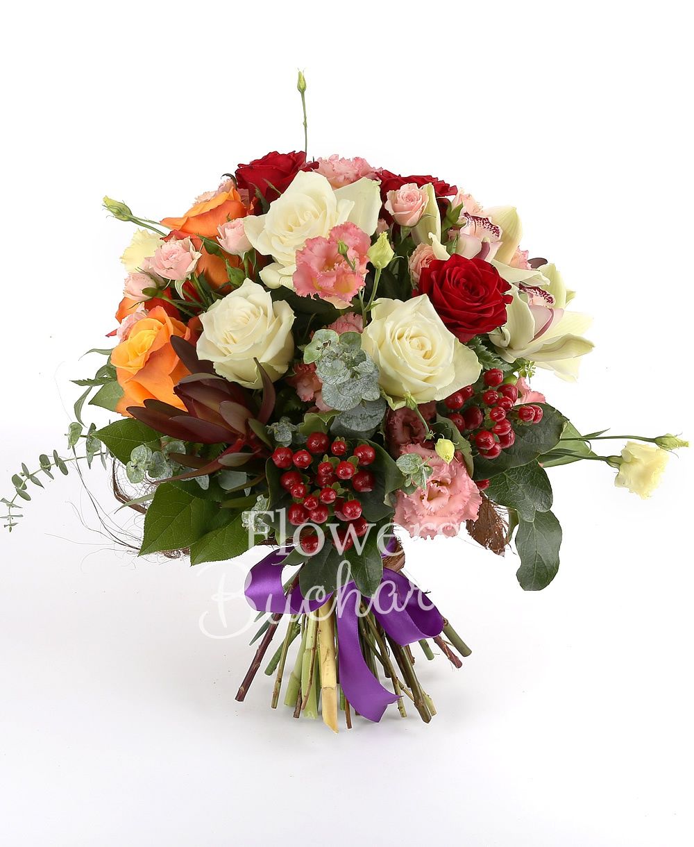 3 orange roses, 3 red roses, 3 white roses, green cymbidium, pink cymbidium, 5 pink tulips, 3 green hypericum, 3 leucadendron, 5 pink lisianthus, 3 pink miniroses, greenery