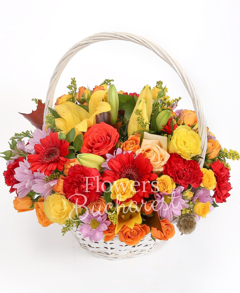 2 yellow lilies, 3 red roses, 5 red gerberas, 5 yellow roses, 2 cream roses, 3 yellow miniroses, 4 orange miniroses, 3 pink chrysanthemums, 7 red carnations, solidago, greenery