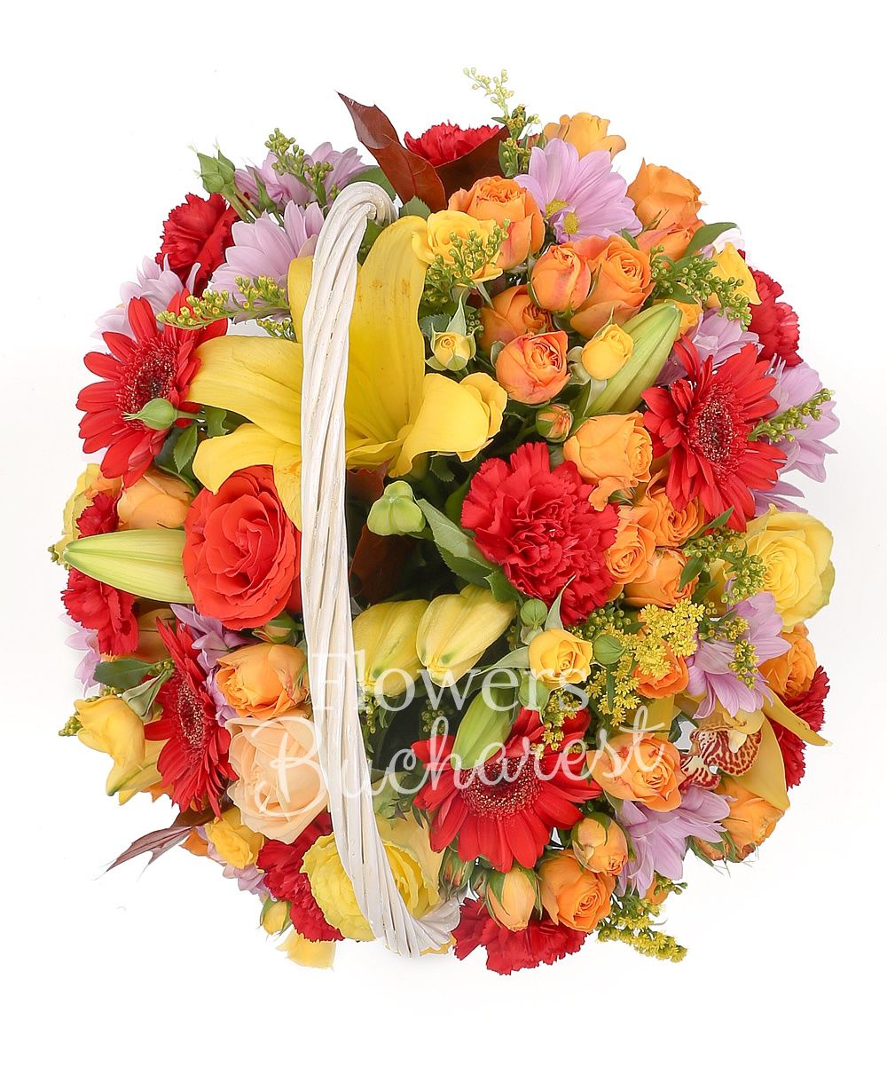 2 yellow lilies, 3 red roses, 5 red gerberas, 5 yellow roses, 2 cream roses, 3 yellow miniroses, 4 orange miniroses, 3 pink chrysanthemums, 7 red carnations, solidago, greenery