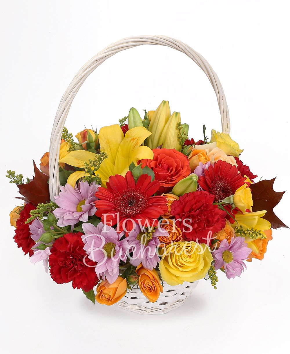 2 yellow lilies, 3 red roses, 5 red gerberas, 5 yellow roses, 2 cream roses, 3 yellow miniroses, 4 orange miniroses, 3 pink chrysanthemums, 7 red carnations, solidago, greenery
