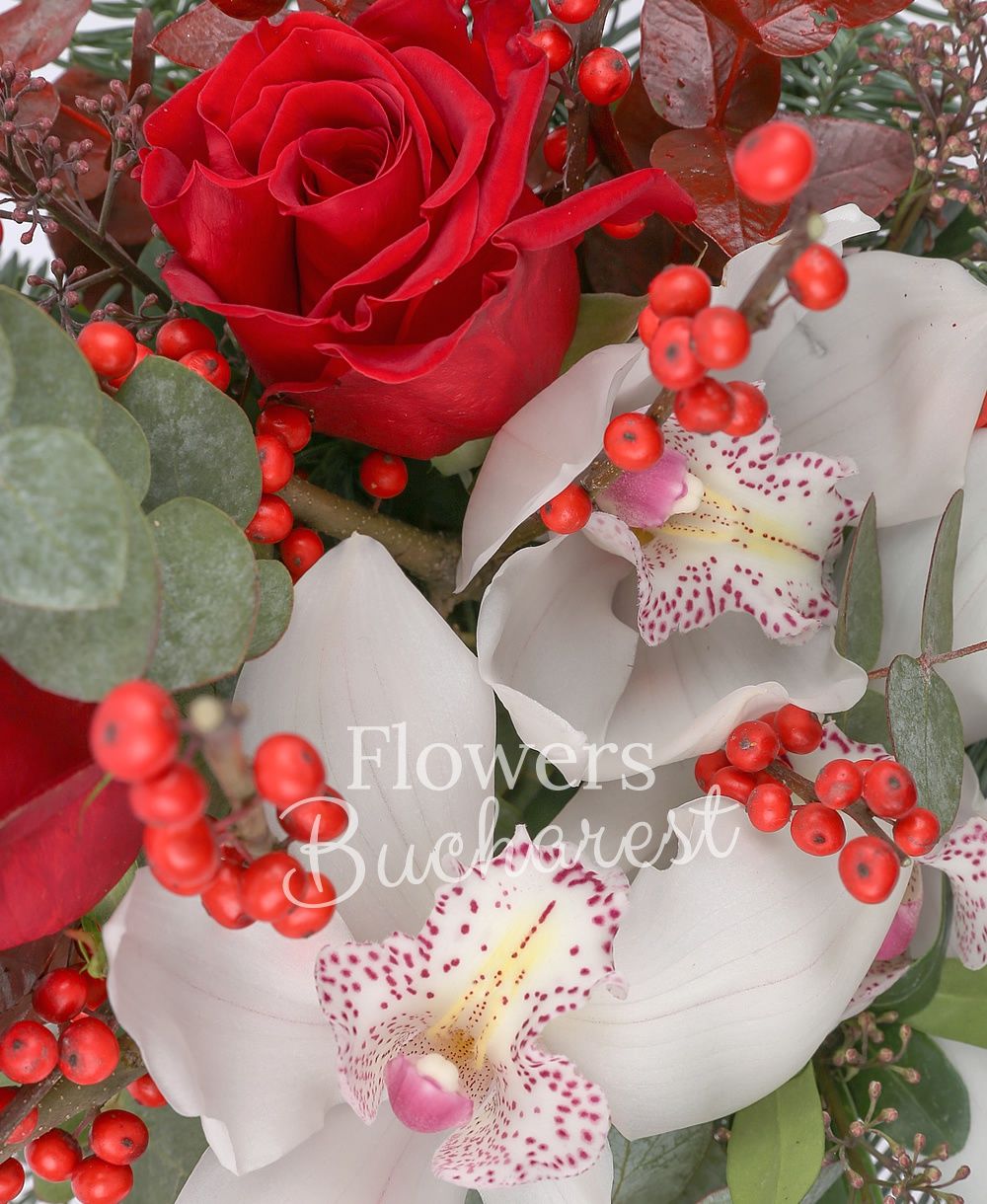 3 red roses, 1 white cymbidium, ilex, greenery