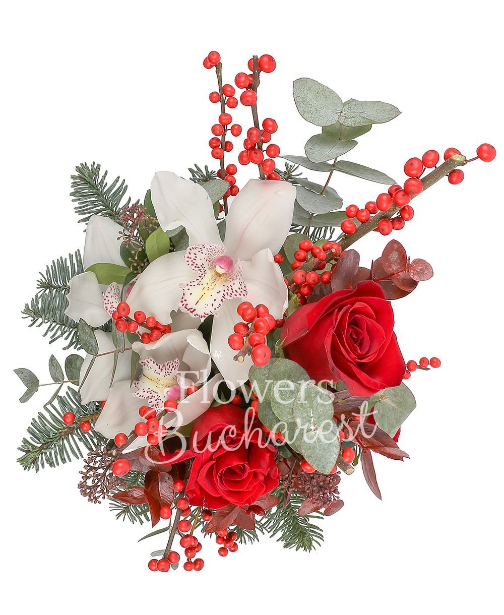 3 red roses, 1 white cymbidium, ilex, greenery