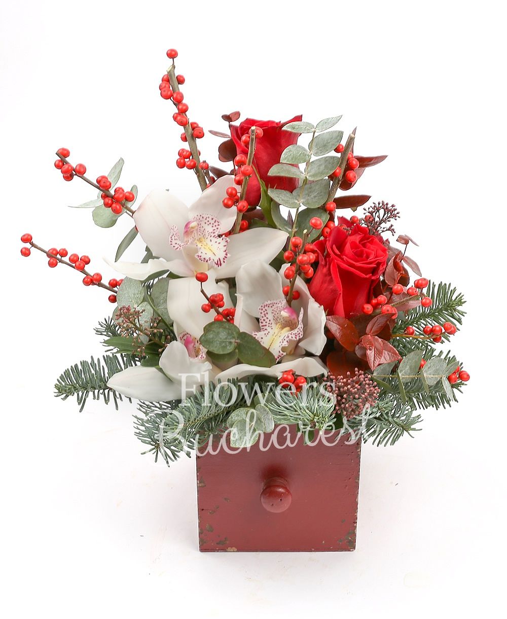 3 red roses, 1 white cymbidium, ilex, greenery