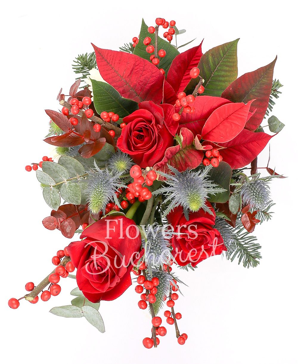 3 red roses, 3 white gerbera, poinsettia, 3 eryngium, ilex, greenery