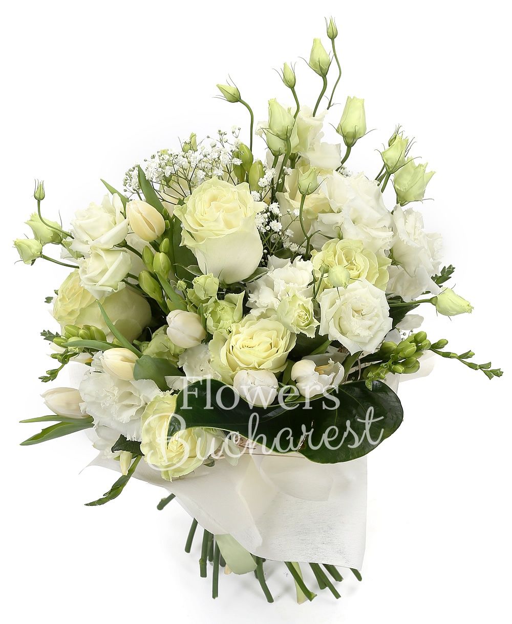 9 white roses, 5 white lisianthus, 10 white tulips, 10 white freesias, greenery