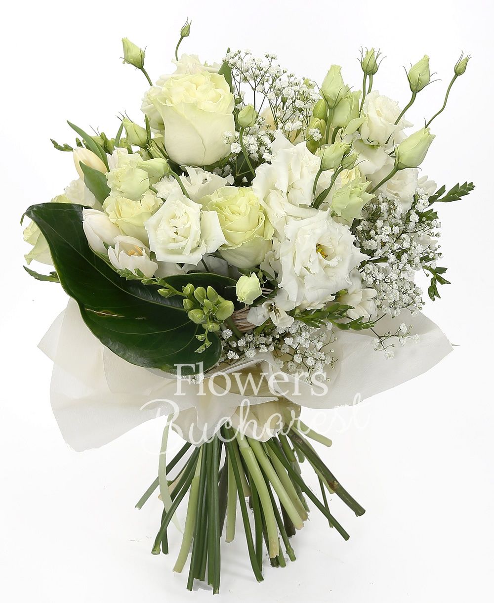 9 white roses, 5 white lisianthus, 10 white tulips, 10 white freesias, greenery