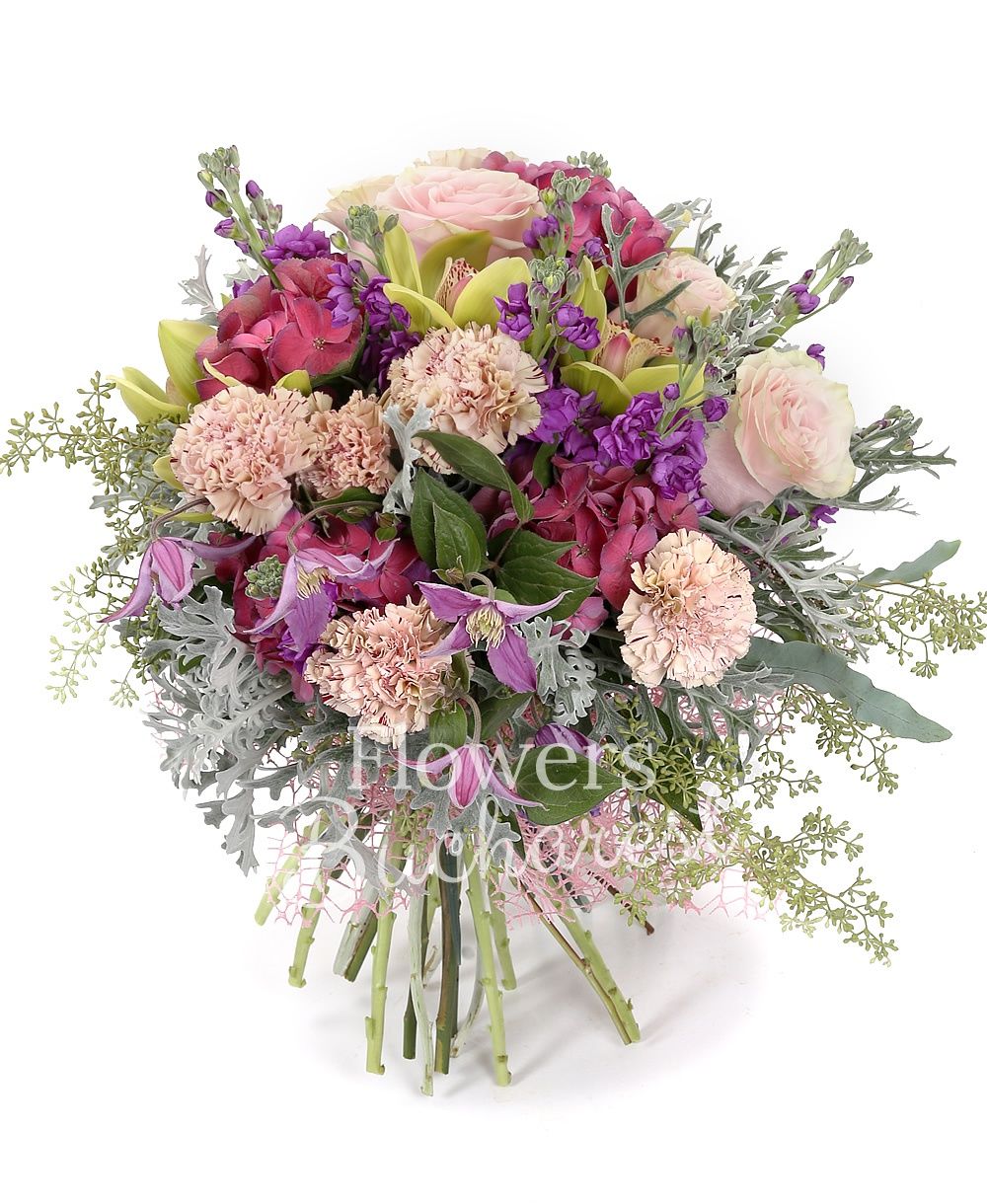 5 pink roses, 5 purple mathiolla, 5 garnet hydrangea, 5 carnations, 3 clematis, green cymbidium, greenery