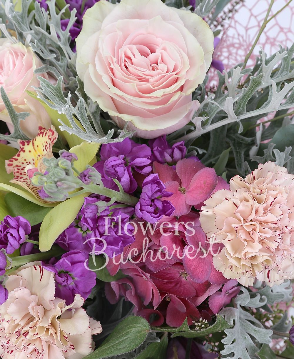 5 pink roses, 5 purple mathiolla, 5 garnet hydrangea, 5 carnations, 3 clematis, green cymbidium, greenery