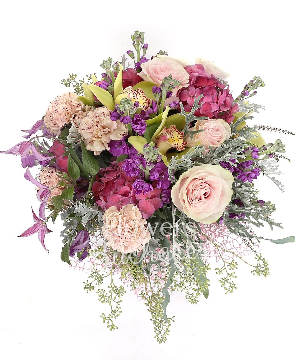 5 pink roses, 5 purple mathiolla, 5 garnet hydrangea, 5 carnations, 3 clematis, green cymbidium, greenery