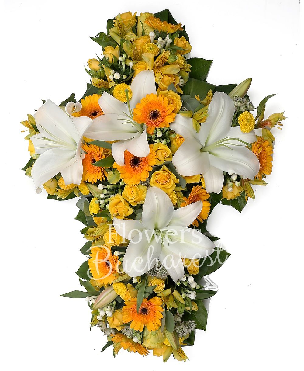 10 yellow roses, 2 white lilies, 10 yellow gerbera, 10 white bouvardia, 5 yellow miniroses, 5 yellow santini, 3 yellow alstroemeria, white asparagus, greenery