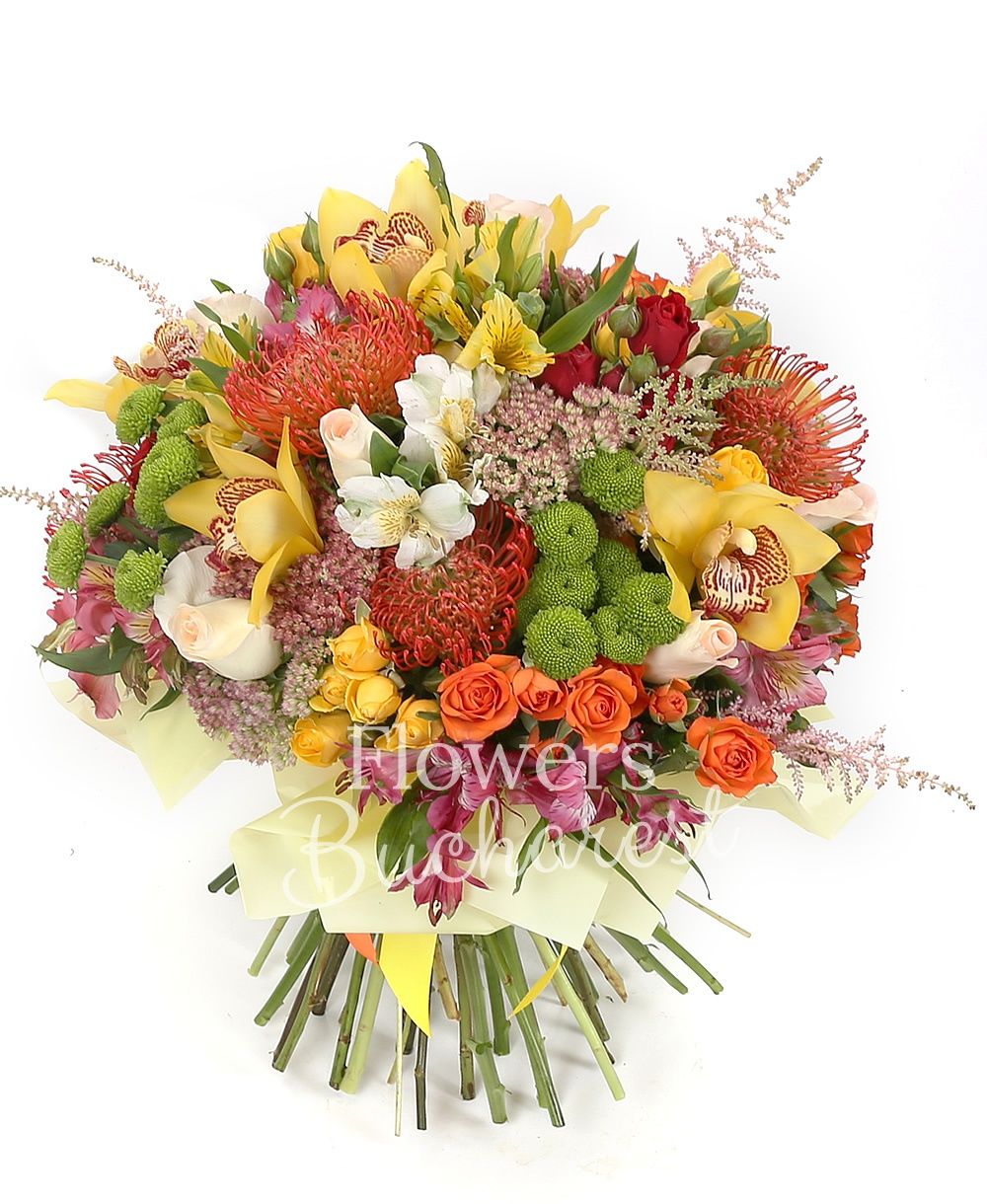 7 cream roses, 5 leucospermum, 5 orange miniroses, 5 yellow miniroses, 5 red alstroemeria, 3 yellow alstroemeria, 3 white alstroemeria, 3 green santini, 5 pink astilbe, 3 sedum