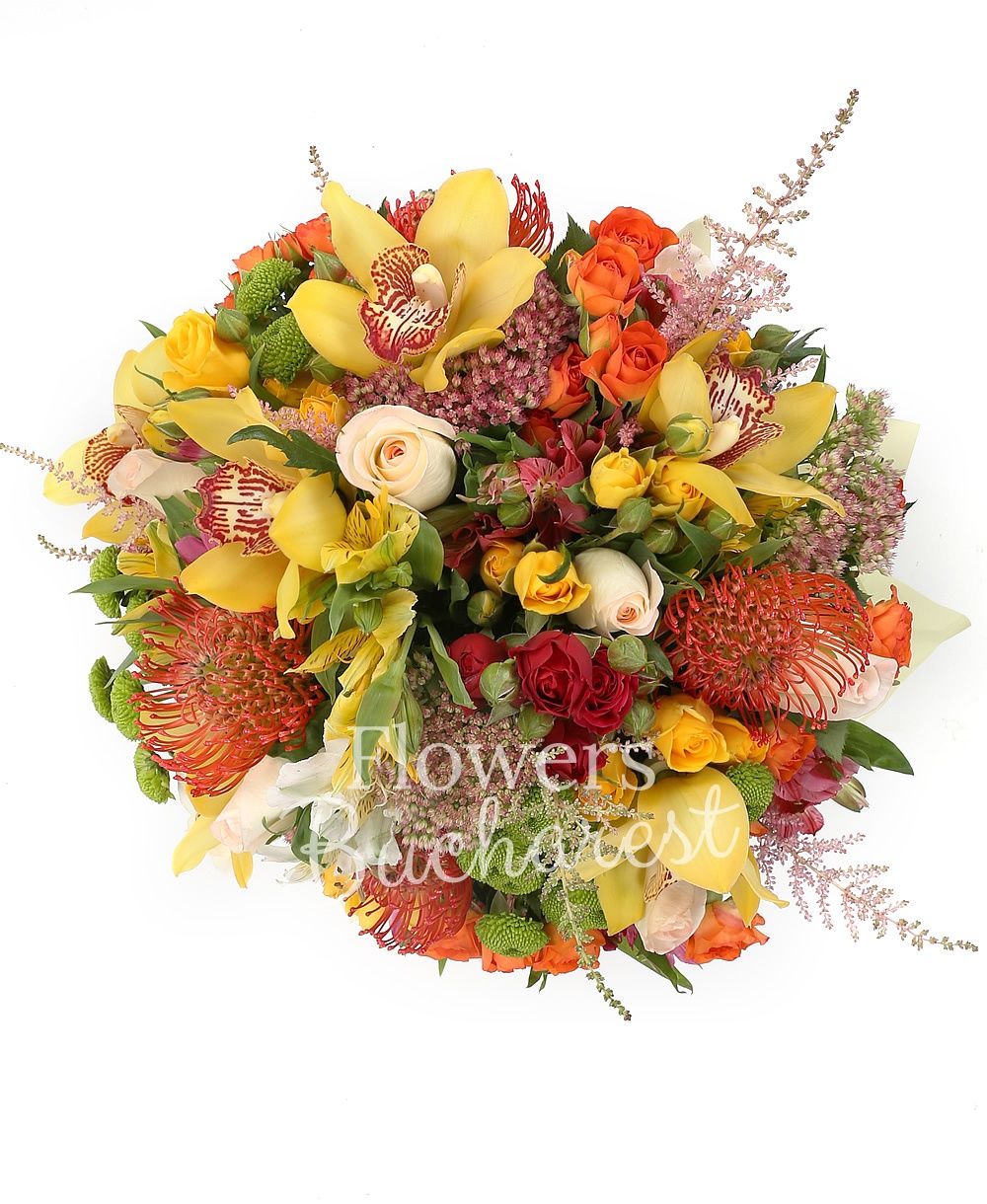 7 cream roses, 5 leucospermum, 5 orange miniroses, 5 yellow miniroses, 5 red alstroemeria, 3 yellow alstroemeria, 3 white alstroemeria, 3 green santini, 5 pink astilbe, 3 sedum