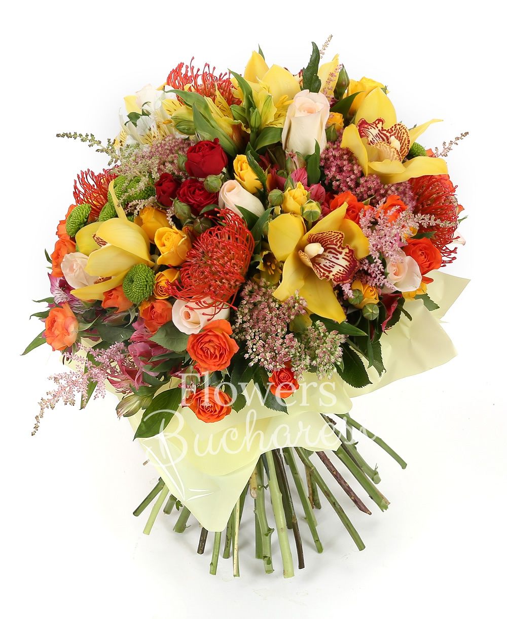 7 cream roses, 5 leucospermum, 5 orange miniroses, 5 yellow miniroses, 5 red alstroemeria, 3 yellow alstroemeria, 3 white alstroemeria, 3 green santini, 5 pink astilbe, 3 sedum