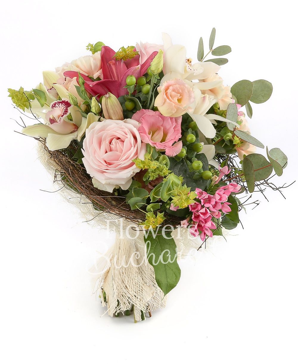 1 pink lily, 5 cream carnations, 5 green hypericum, 3 pink bouvardia, 3 pink roses, 3 pink lisianthus, cymbidium, bupleurum, greenery