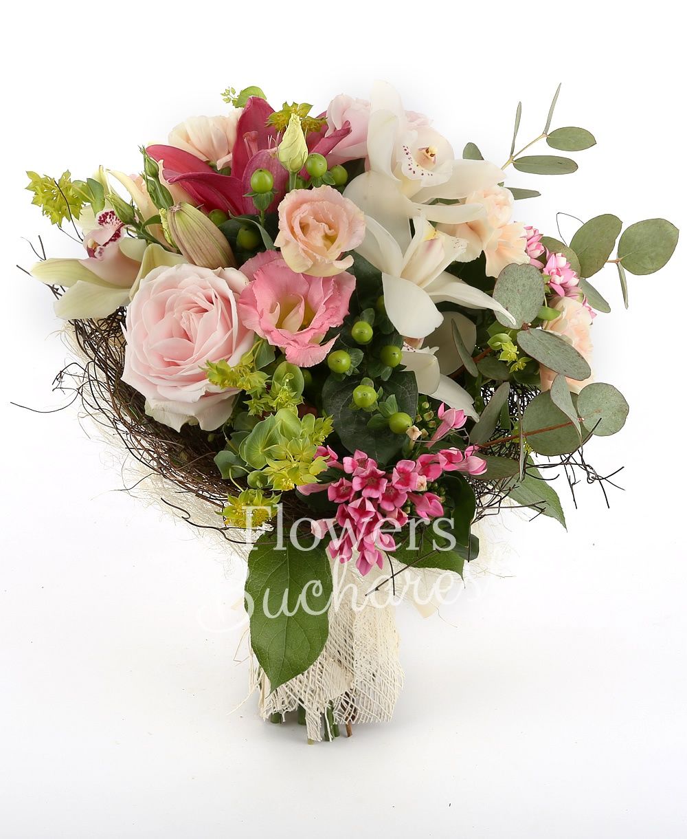 1 pink lily, 5 cream carnations, 5 green hypericum, 3 pink bouvardia, 3 pink roses, 3 pink lisianthus, cymbidium, bupleurum, greenery