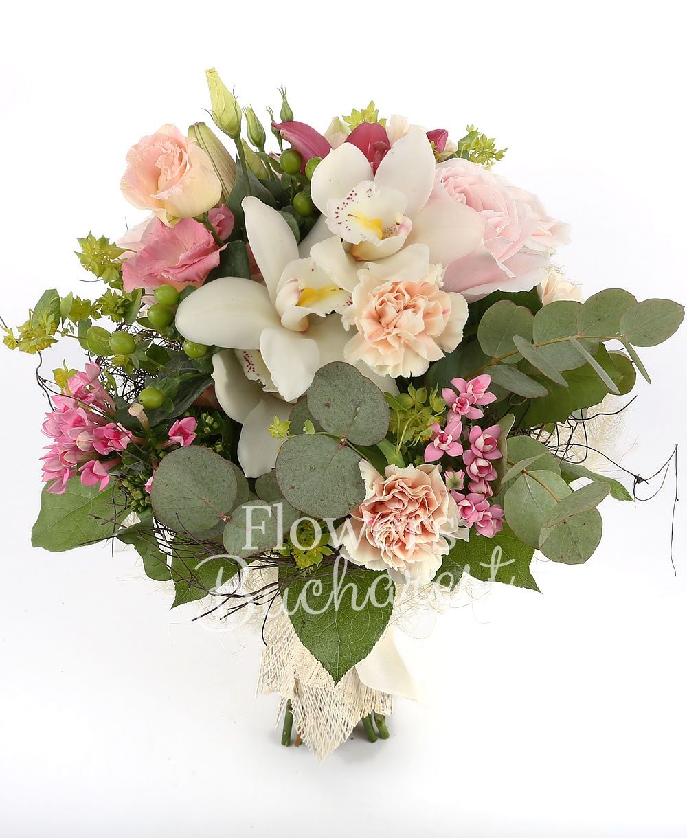 1 pink lily, 5 cream carnations, 5 green hypericum, 3 pink bouvardia, 3 pink roses, 3 pink lisianthus, cymbidium, bupleurum, greenery