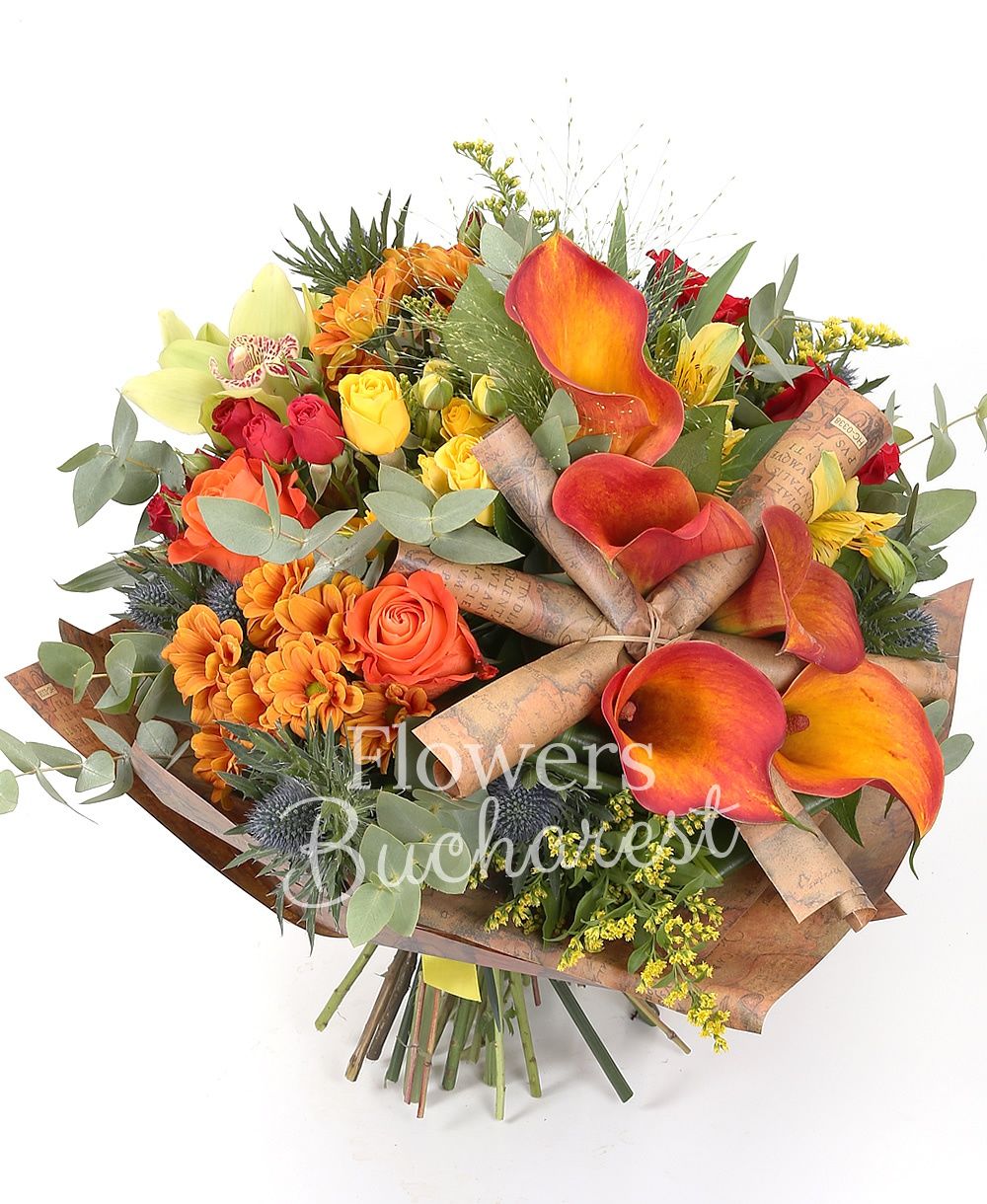 5 orange cala, 3 red roses, 3 orange roses, 1 yellow minirose, 2 red miniroses, 2 orange chrysanthemums, green cymbidium, 3 eryngium, 3 solidago, greenery