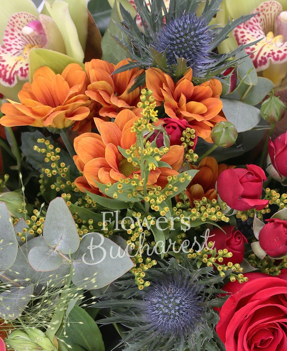 5 orange cala, 3 red roses, 3 orange roses, 1 yellow minirose, 2 red miniroses, 2 orange chrysanthemums, green cymbidium, 3 eryngium, 3 solidago, greenery