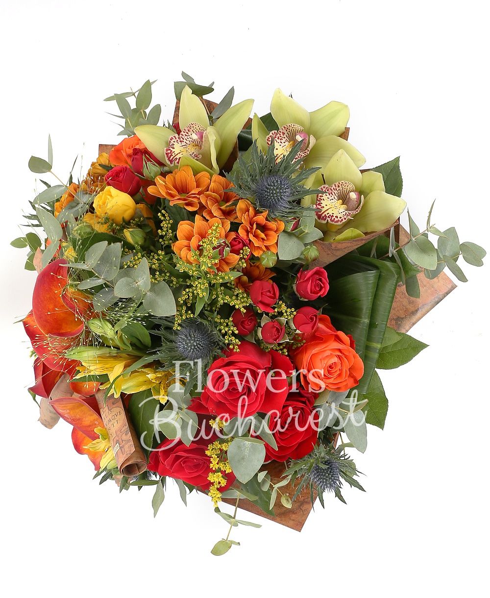 5 orange cala, 3 red roses, 3 orange roses, 1 yellow minirose, 2 red miniroses, 2 orange chrysanthemums, green cymbidium, 3 eryngium, 3 solidago, greenery