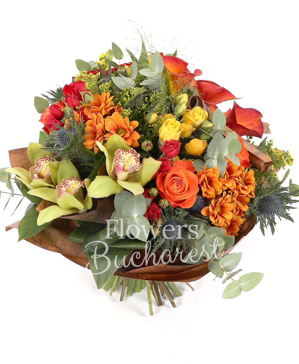 5 orange cala, 3 red roses, 3 orange roses, 1 yellow minirose, 2 red miniroses, 2 orange chrysanthemums, green cymbidium, 3 eryngium, 3 solidago, greenery