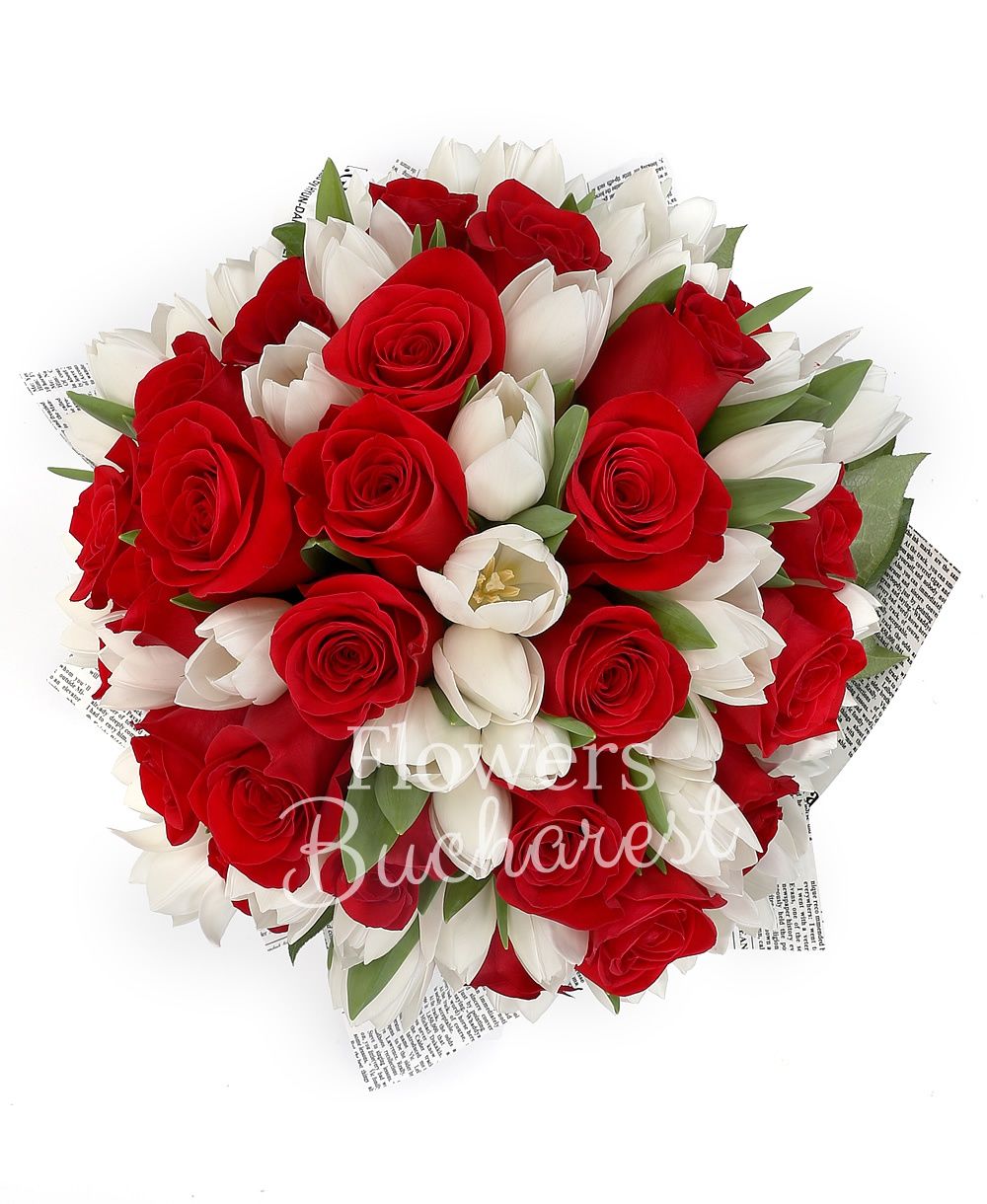 25 red roses, 30 white tulips, greenery