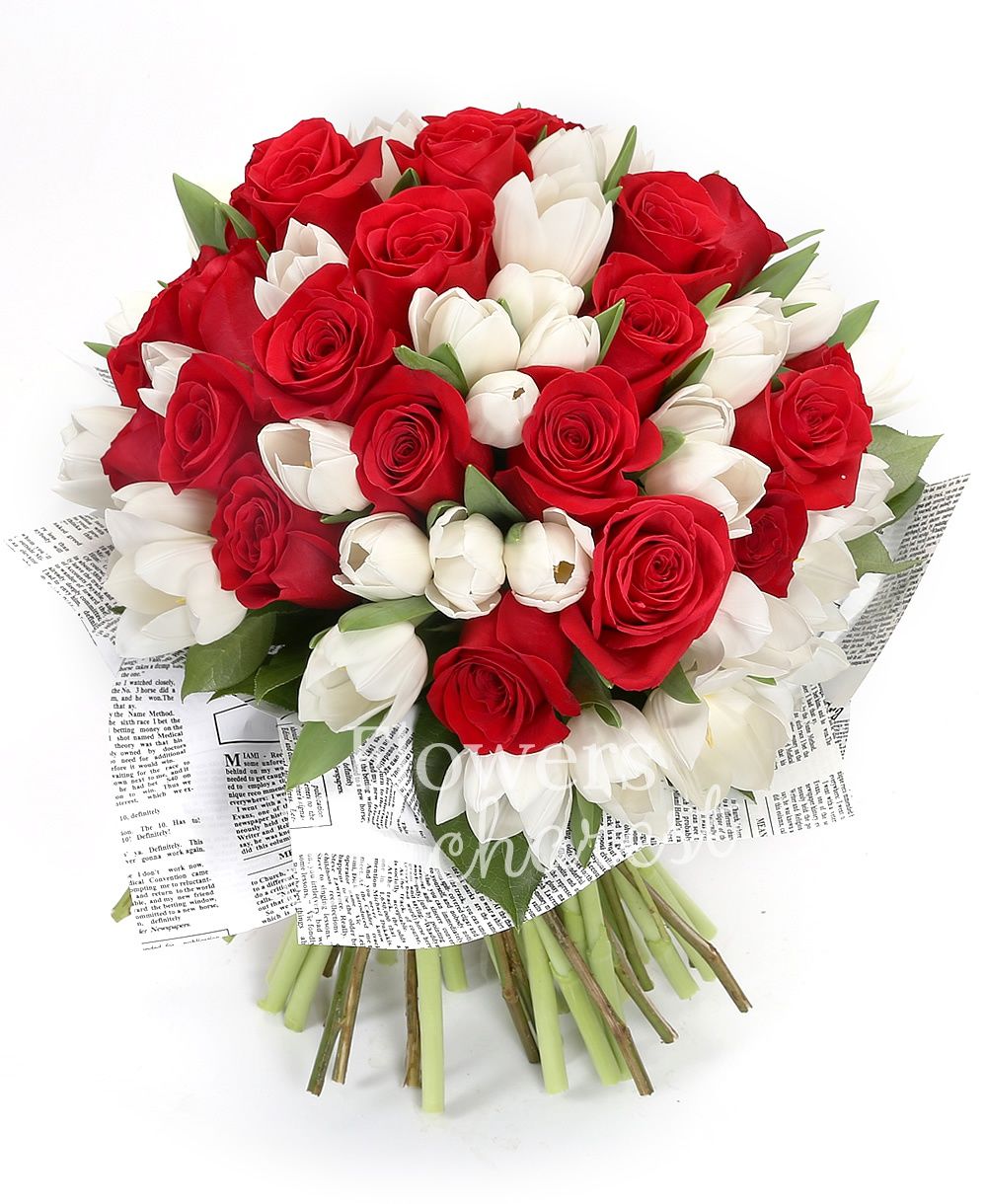 25 red roses, 30 white tulips, greenery