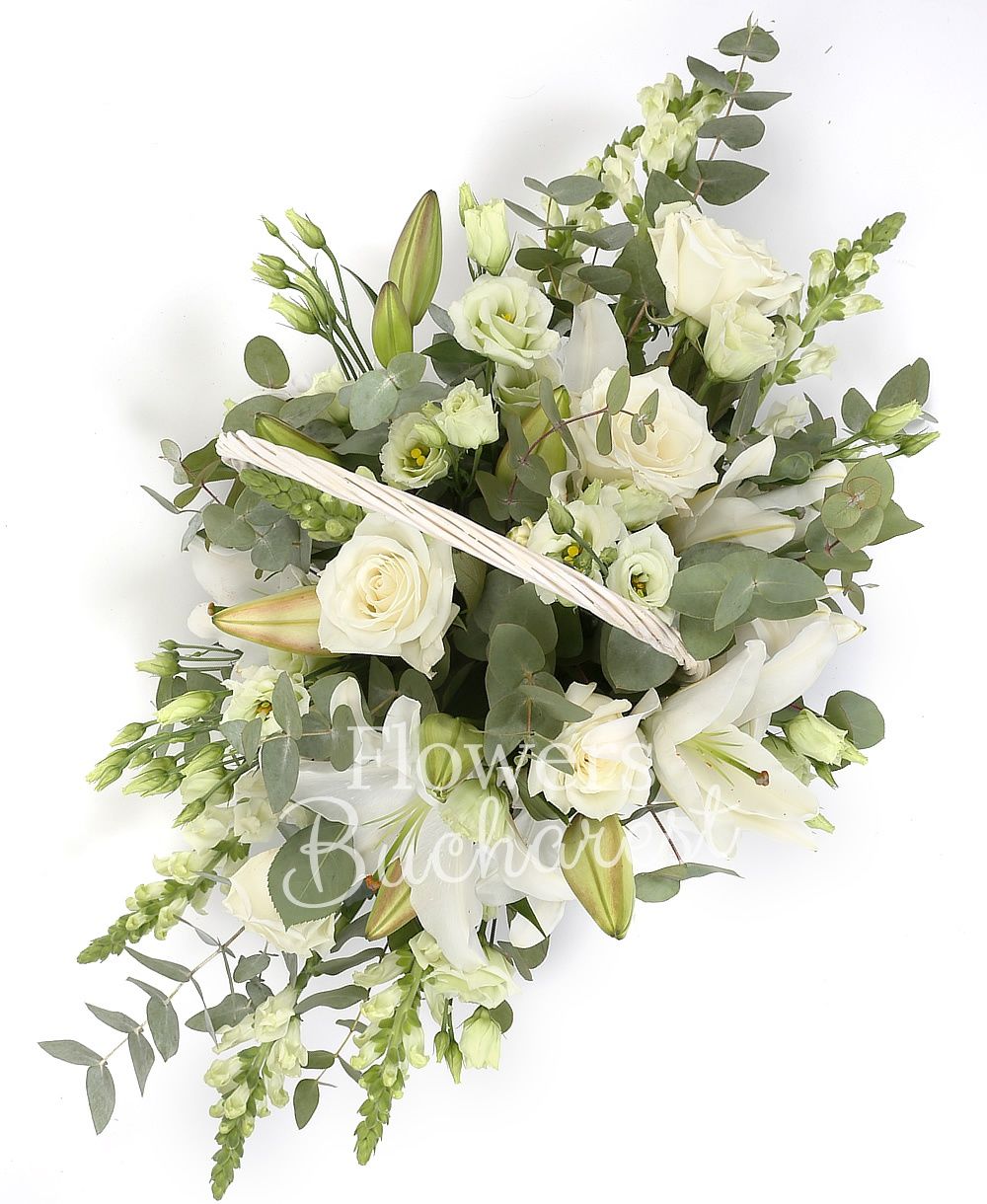 3 white lilies, 5 white roses, 7 white lisianthus, 7 white antirrhinum, greenery