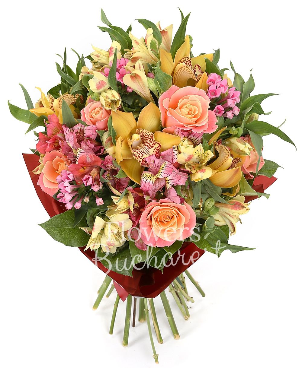 7 orange roses, 7 red alstroemeria, 5 yellow alstroemeria