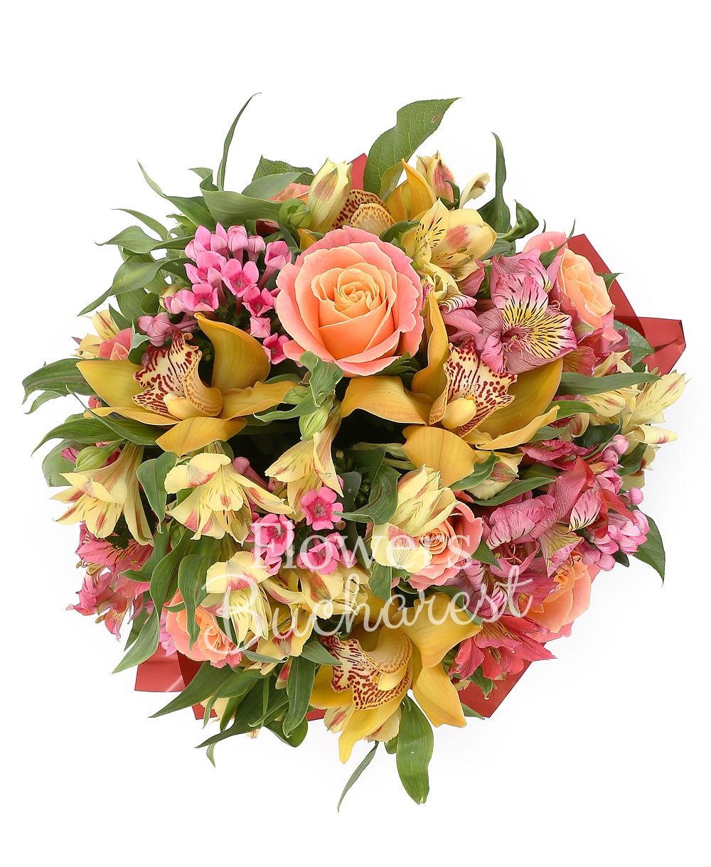 7 orange roses, 7 red alstroemeria, 5 yellow alstroemeria