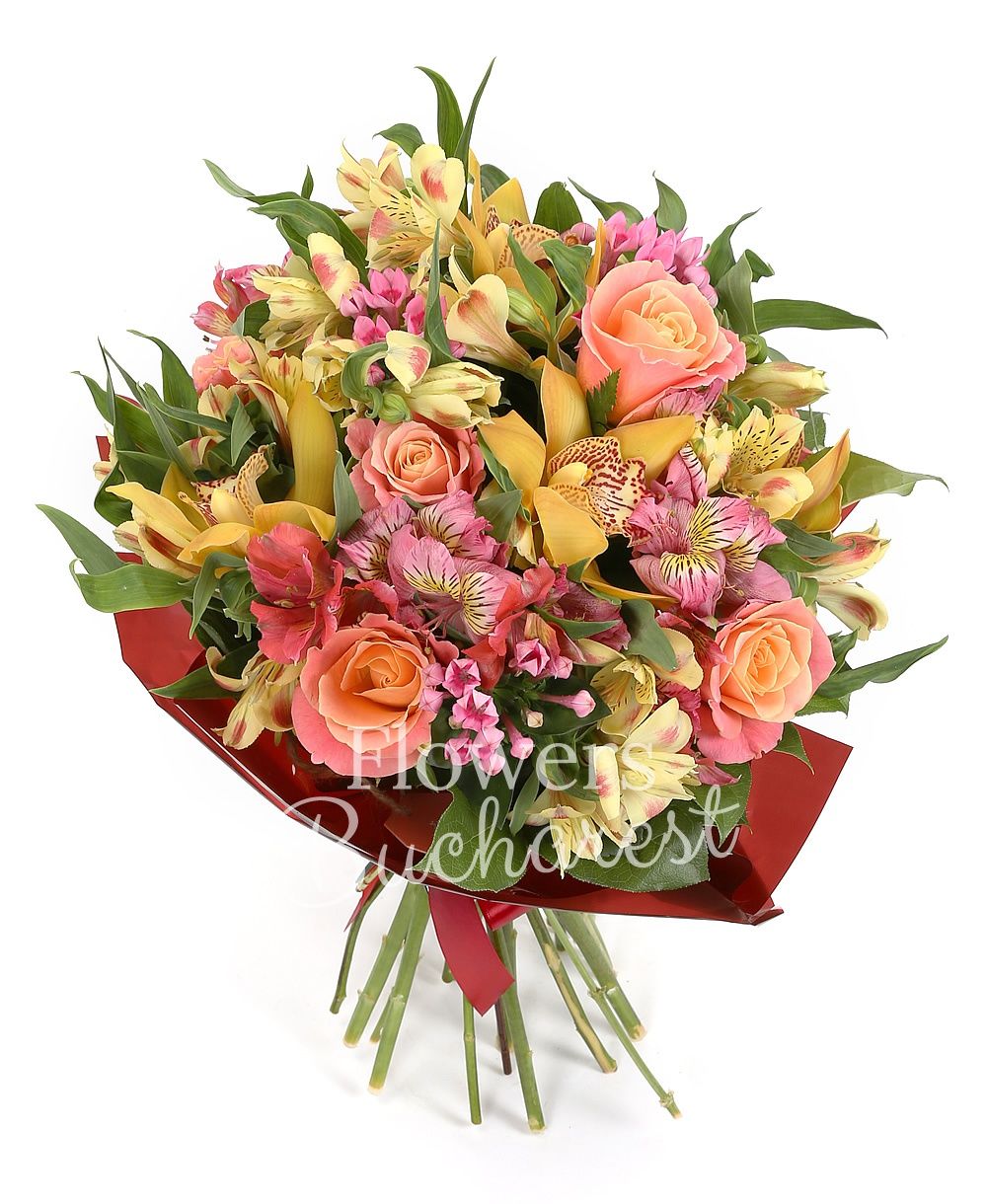 7 orange roses, 7 red alstroemeria, 5 yellow alstroemeria