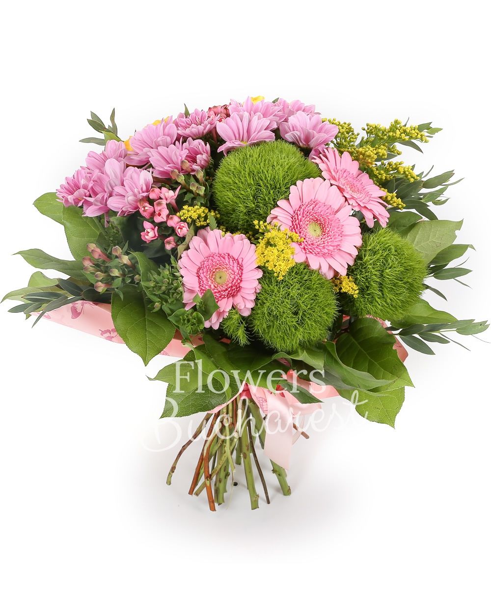 3 green carnations, 3 yellow miniroses, 2 pink chrysanthemums, 2 pink bouvardia, 3 pink gerberas, 3 solidago, greenery