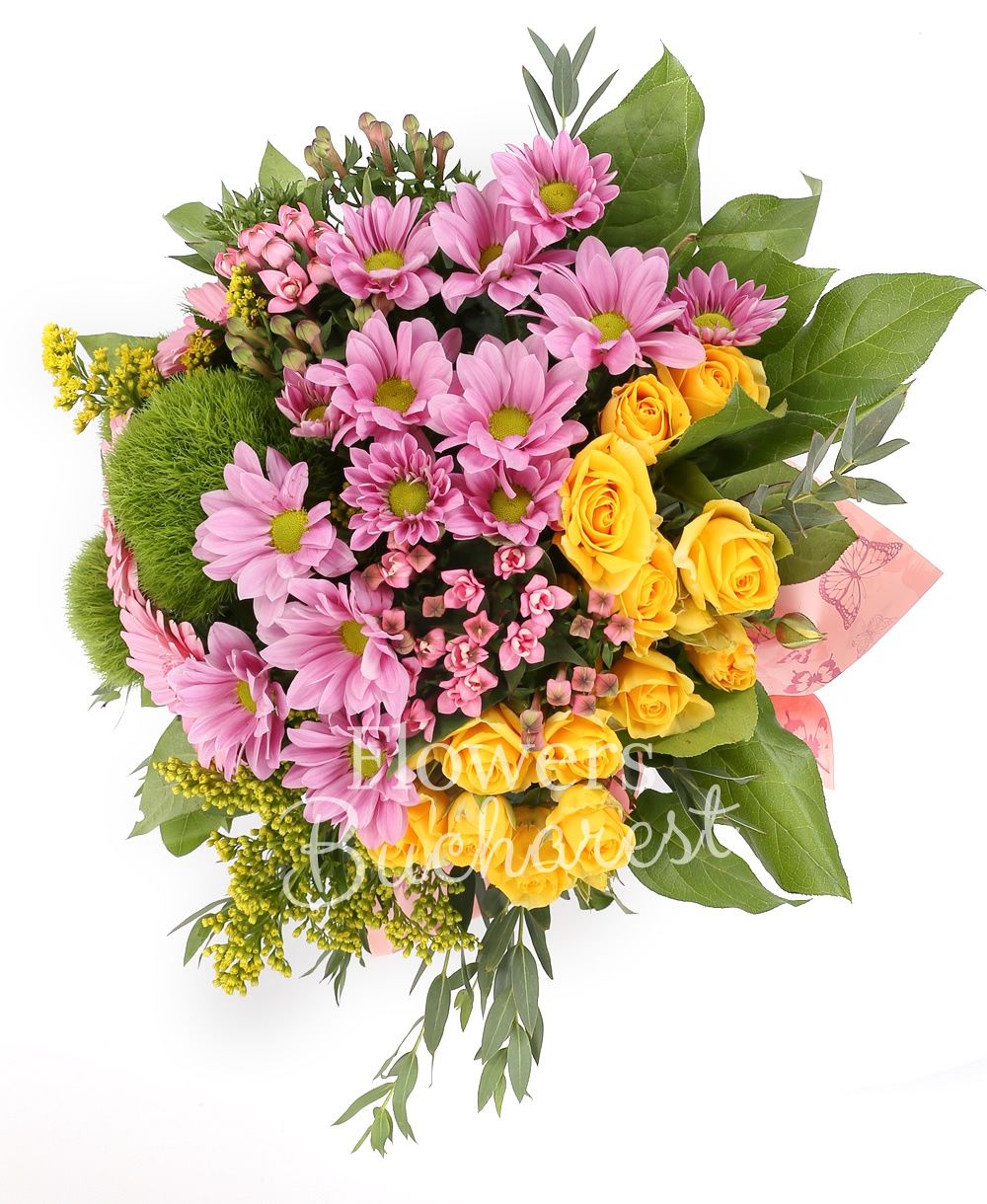 3 green carnations, 3 yellow miniroses, 2 pink chrysanthemums, 2 pink bouvardia, 3 pink gerberas, 3 solidago, greenery