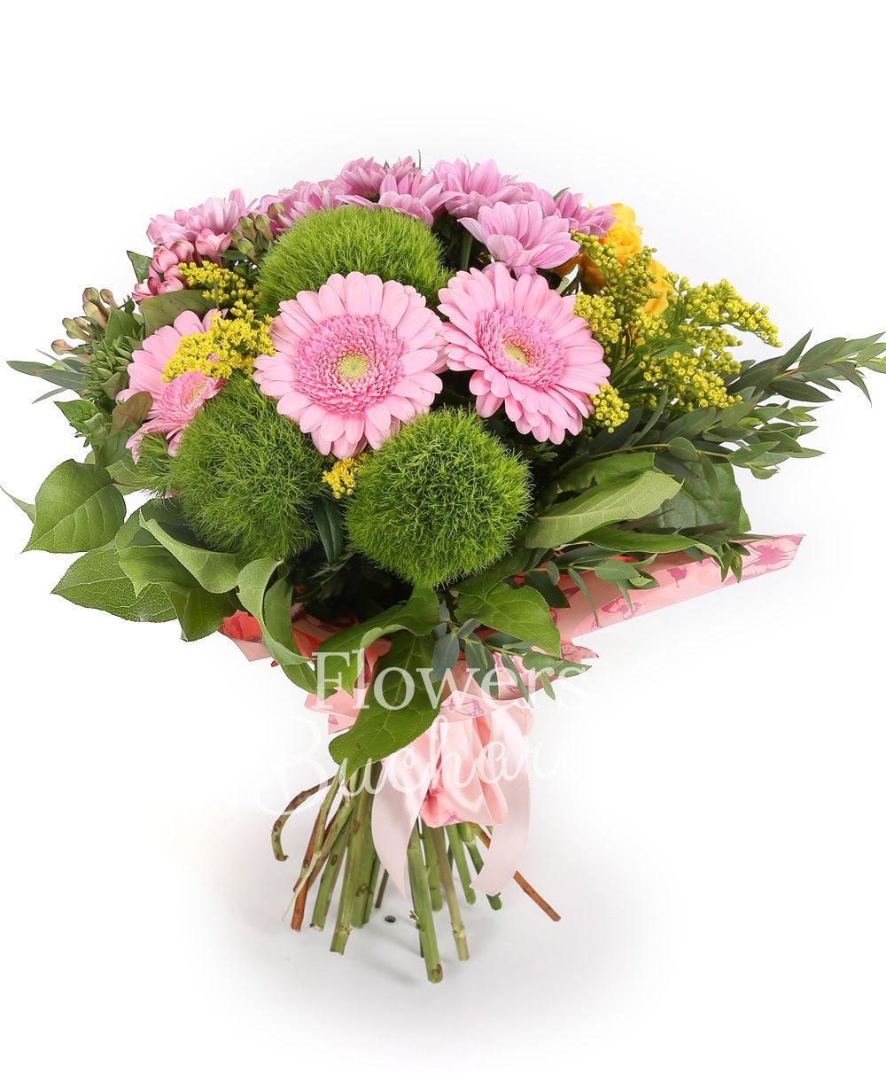 3 green carnations, 3 yellow miniroses, 2 pink chrysanthemums, 2 pink bouvardia, 3 pink gerberas, 3 solidago, greenery