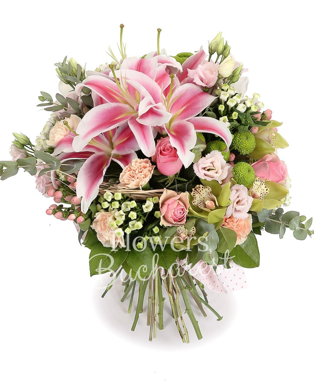 2 pink imperial lilies, 3 pink lisianthus, 5 white bouvardia, 5 green santini, 5 pink hypericum, 5 pink lisianthus, 9 pink carnations, 9 pink roses, green cymbidium, greenery