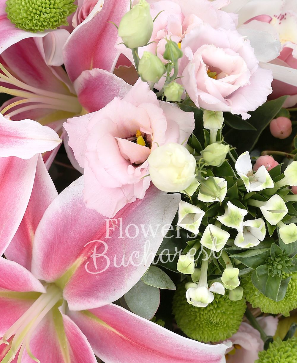 2 pink imperial lilies, 3 pink lisianthus, 5 white bouvardia, 5 green santini, 5 pink hypericum, 5 pink lisianthus, 9 pink carnations, 9 pink roses, green cymbidium, greenery