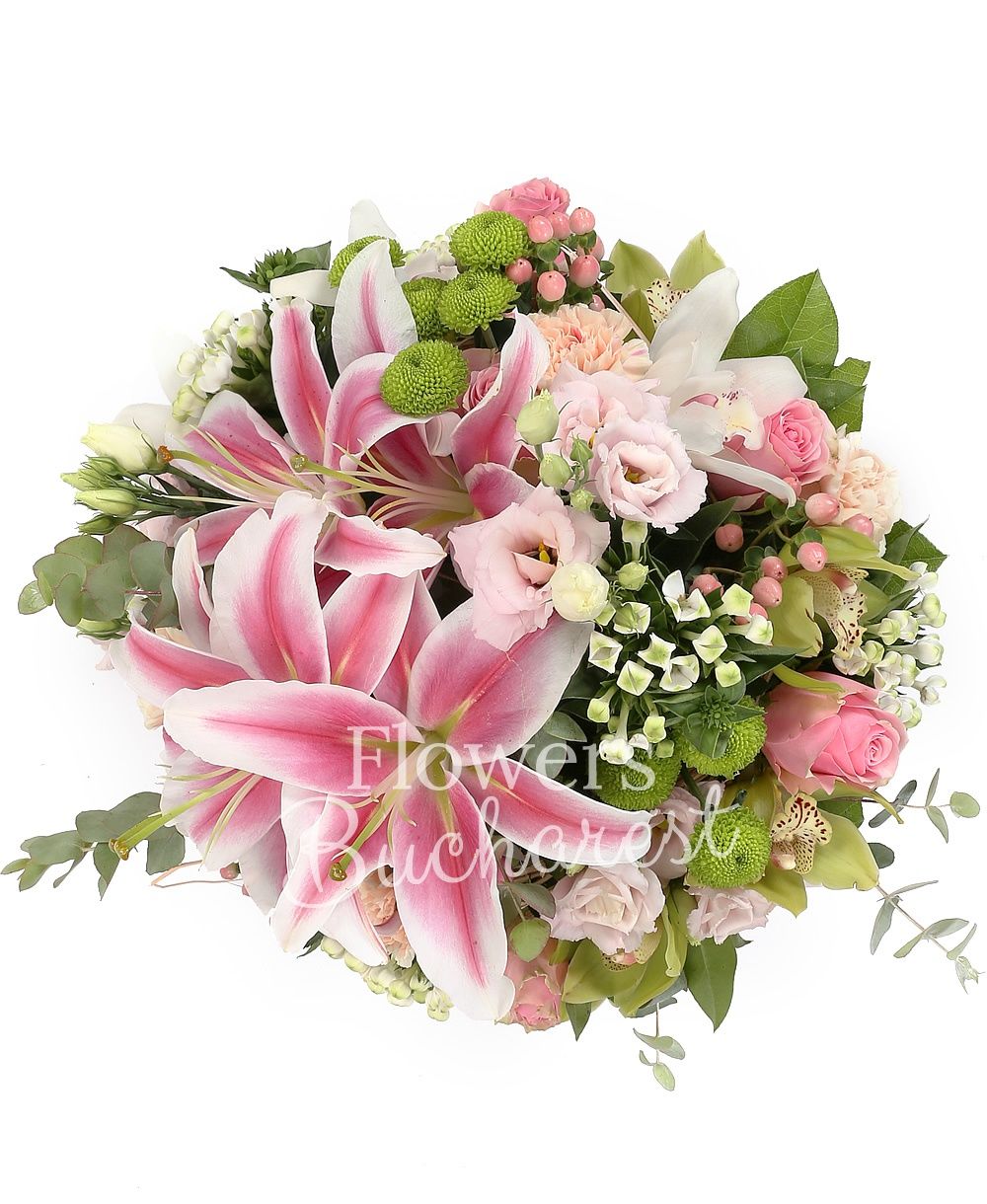2 pink imperial lilies, 3 pink lisianthus, 5 white bouvardia, 5 green santini, 5 pink hypericum, 5 pink lisianthus, 9 pink carnations, 9 pink roses, green cymbidium, greenery
