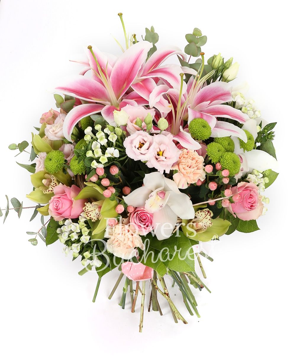 2 pink imperial lilies, 3 pink lisianthus, 5 white bouvardia, 5 green santini, 5 pink hypericum, 5 pink lisianthus, 9 pink carnations, 9 pink roses, green cymbidium, greenery