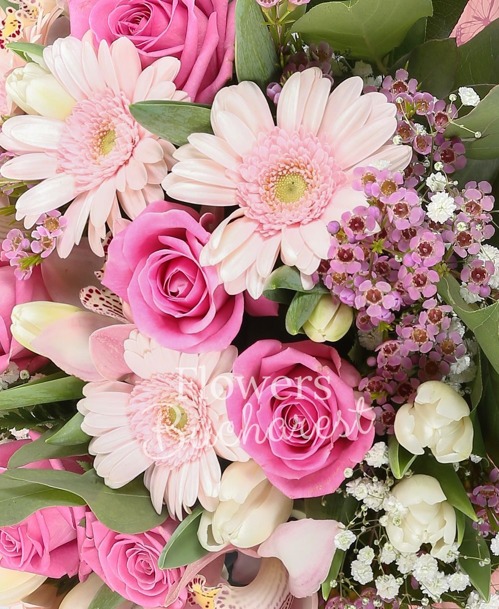 13 pink roses, 9 pink gerberas, pink cymbidium, 15 white tulips, 5 pink waxflowers, 2 gypsophila, greenery