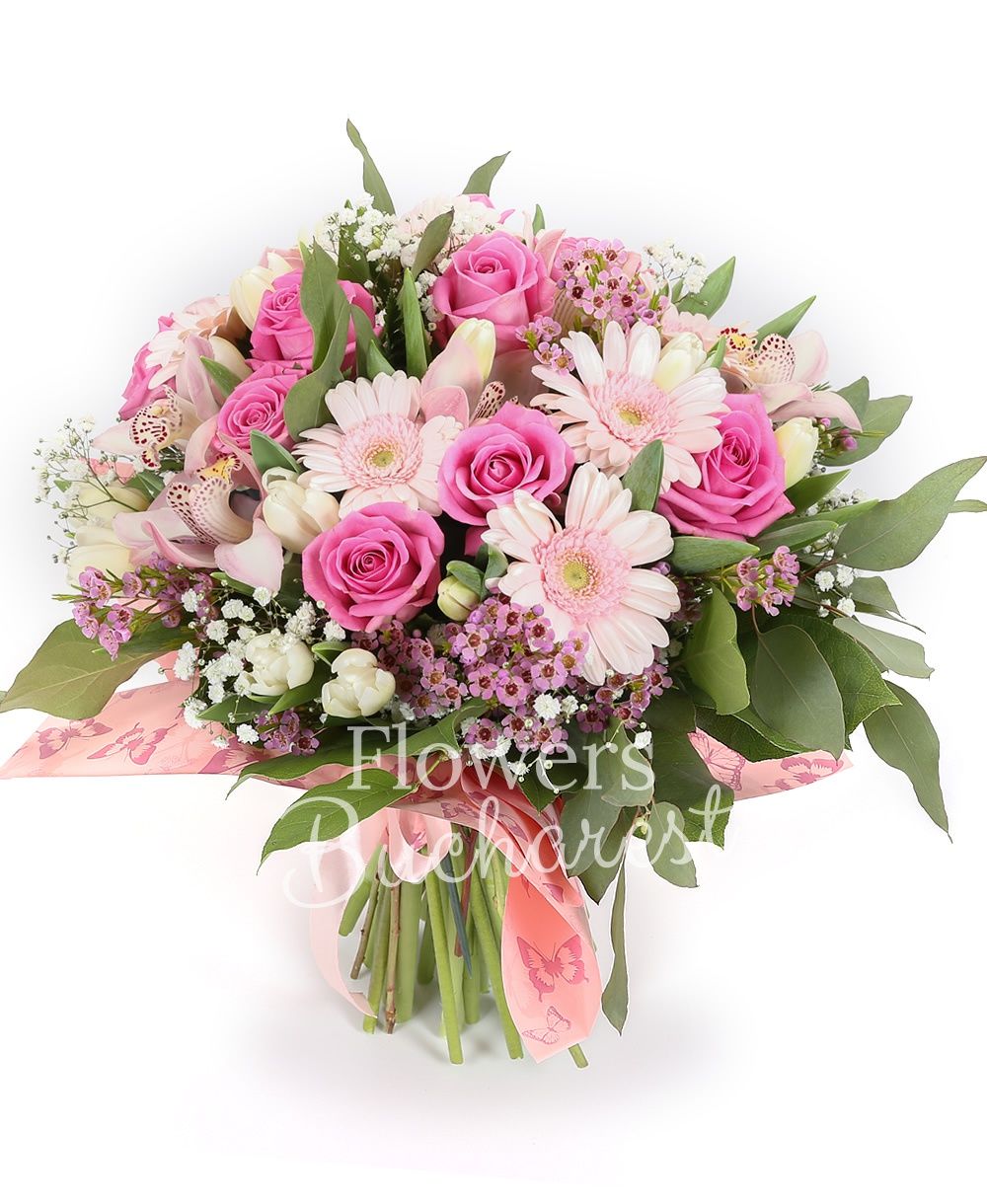 13 pink roses, 9 pink gerberas, pink cymbidium, 15 white tulips, 5 pink waxflowers, 2 gypsophila, greenery