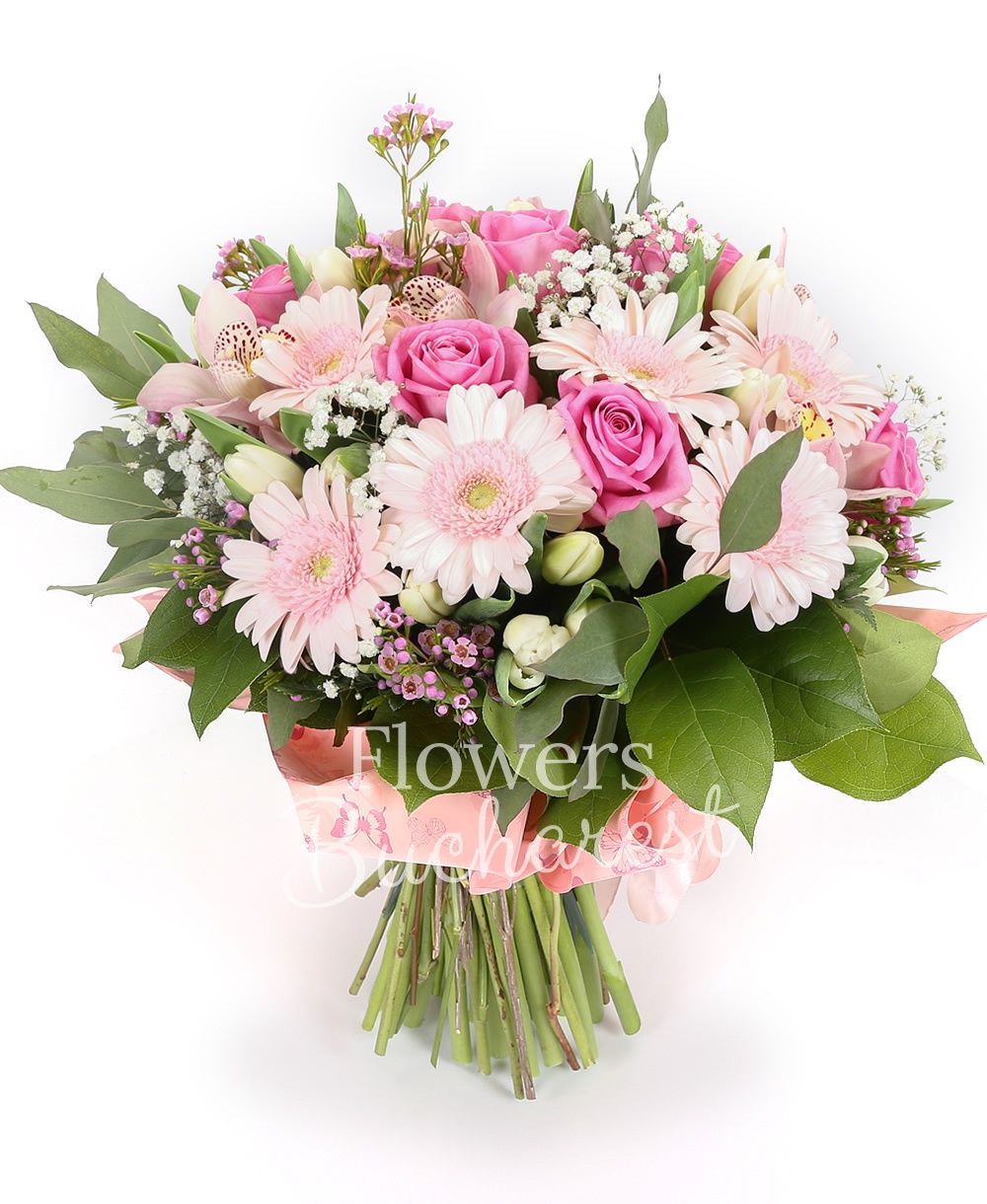13 pink roses, 9 pink gerberas, pink cymbidium, 15 white tulips, 5 pink waxflowers, 2 gypsophila, greenery