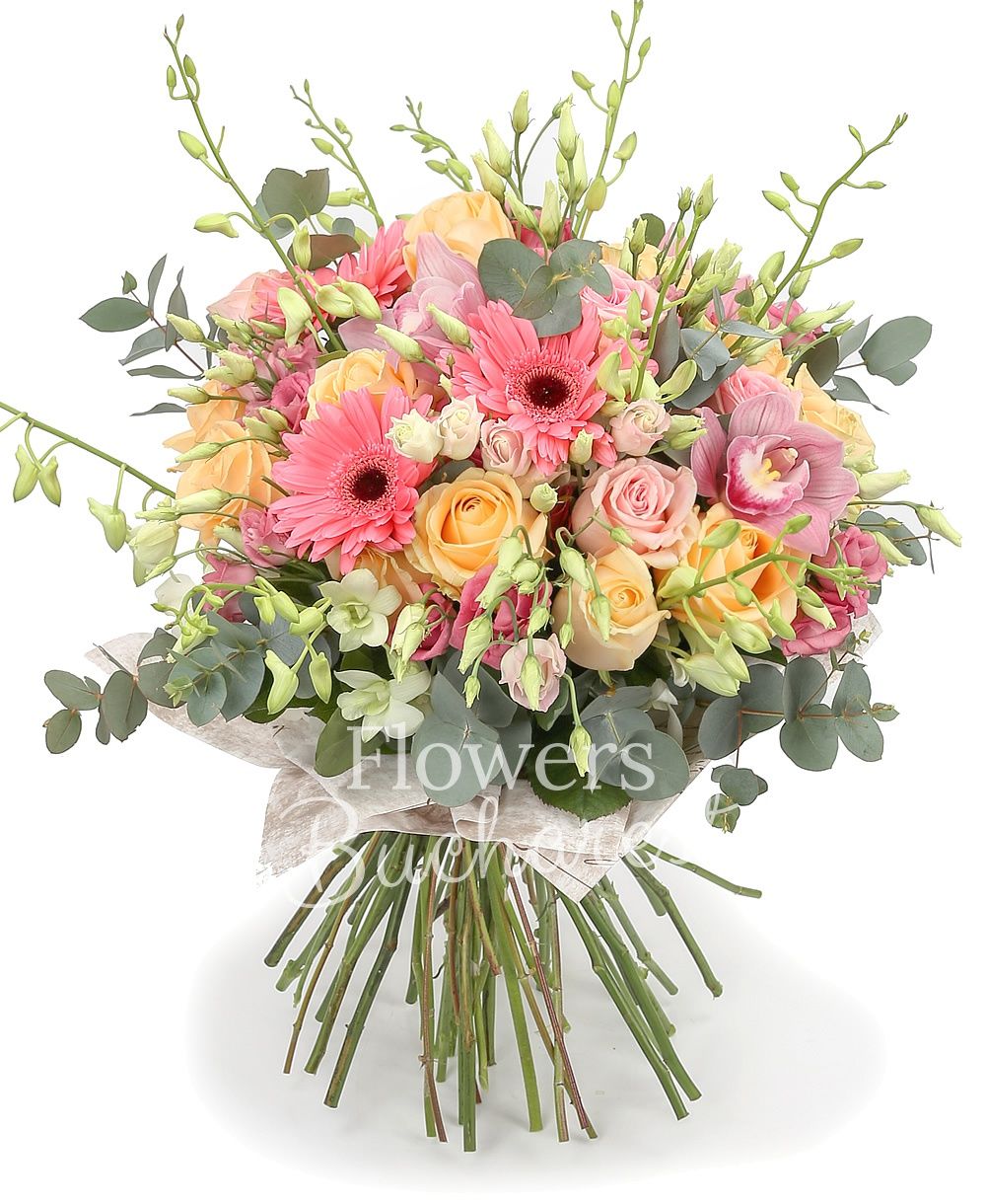 15 salmon rose, 10 pink roses, 7 pink gerbera, 5 pink lisianthus, cymbidium, 10 white dendrobium, greenery