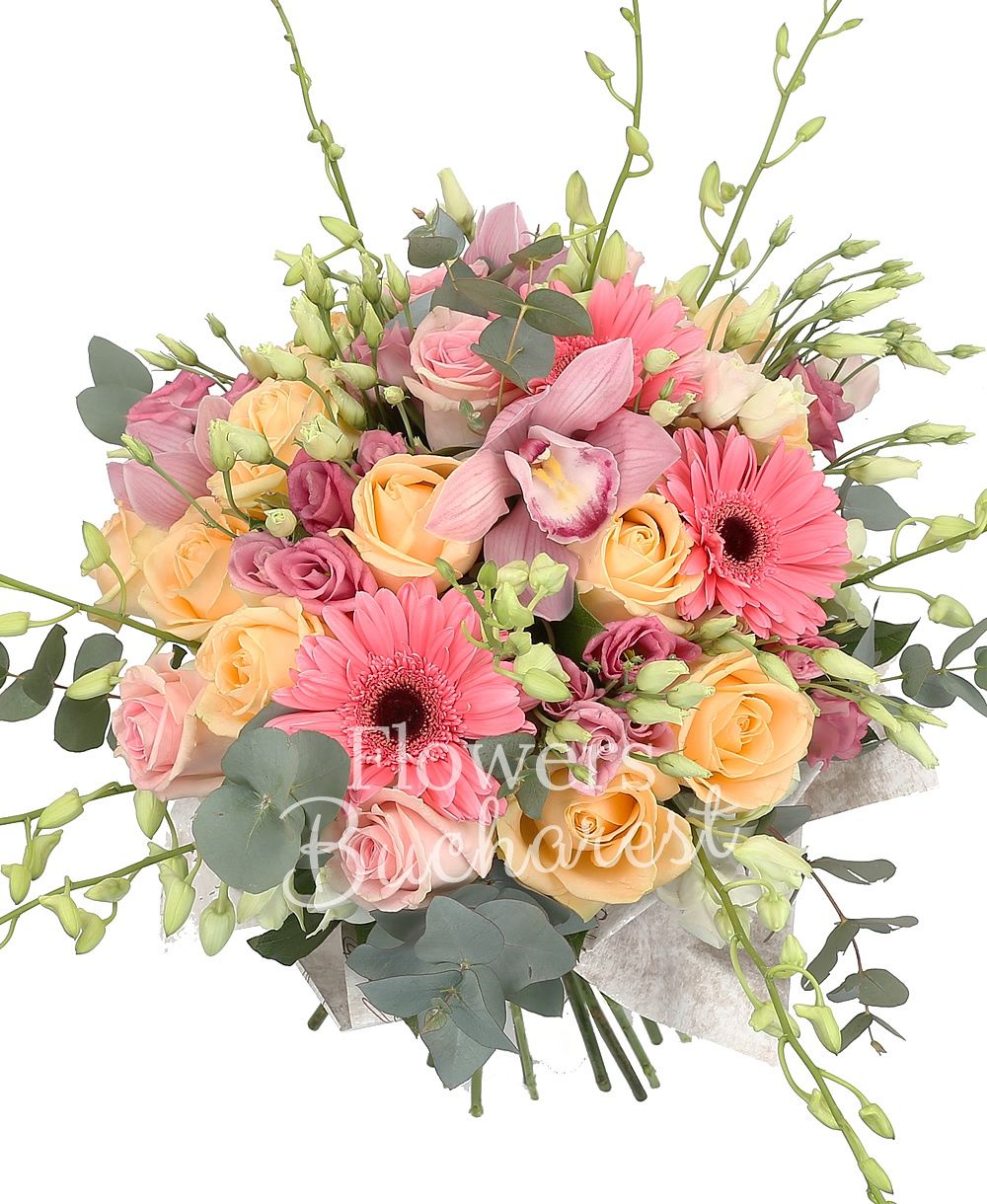 15 salmon rose, 10 pink roses, 7 pink gerbera, 5 pink lisianthus, cymbidium, 10 white dendrobium, greenery