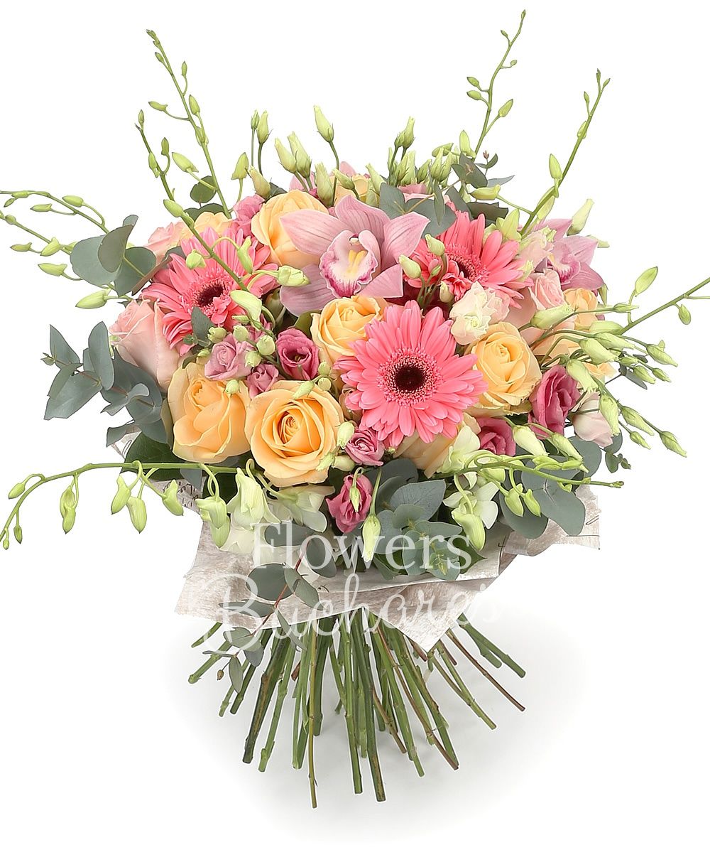 15 salmon rose, 10 pink roses, 7 pink gerbera, 5 pink lisianthus, cymbidium, 10 white dendrobium, greenery