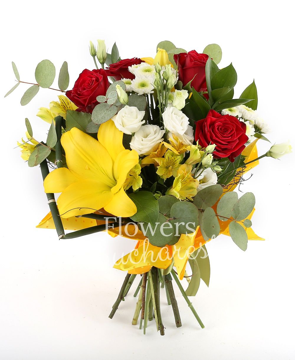 5 red roses, 2 yellow lilies, 3 white santini, 3 yellow alstroemeria, 5 white lisianthus, greenery