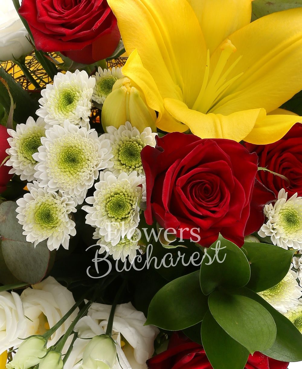 5 red roses, 2 yellow lilies, 3 white santini, 3 yellow alstroemeria, 5 white lisianthus, greenery