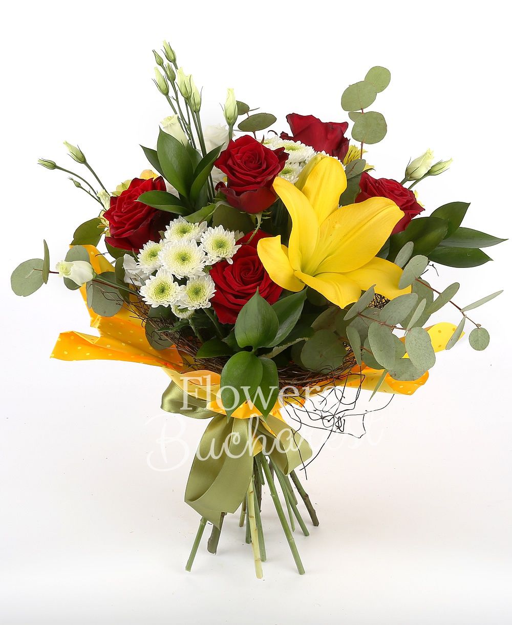 5 red roses, 2 yellow lilies, 3 white santini, 3 yellow alstroemeria, 5 white lisianthus, greenery