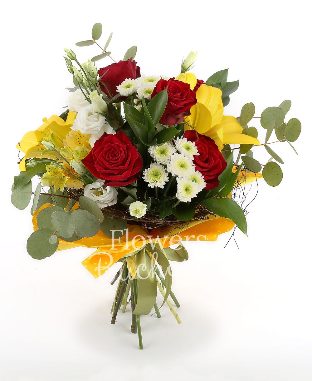 5 red roses, 2 yellow lilies, 3 white santini, 3 yellow alstroemeria, 5 white lisianthus, greenery