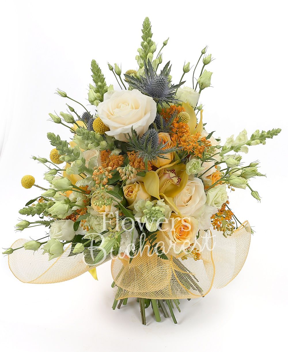 7 cream roses, 5 avalanche peach roses, 3 eryngium, 5 antirrhinum, 5 white lisianthus, 10 craspedia, 5 asclepias, 5 yellow cymbidium