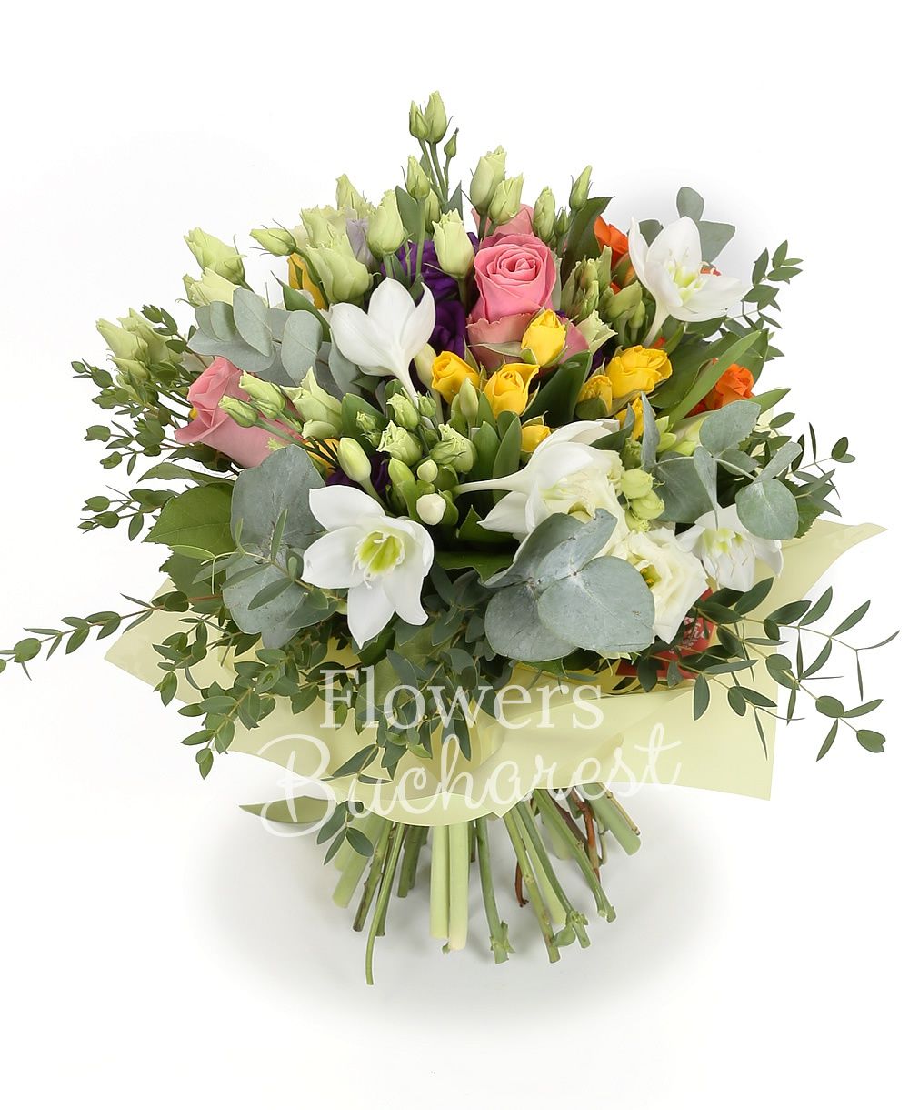 3 pink roses, 2 purple lisianthus, 3 white lisianthus, 3 yellow miniroses, 1 orange miniroses, 10 tulips, 3 eucharis, greenery