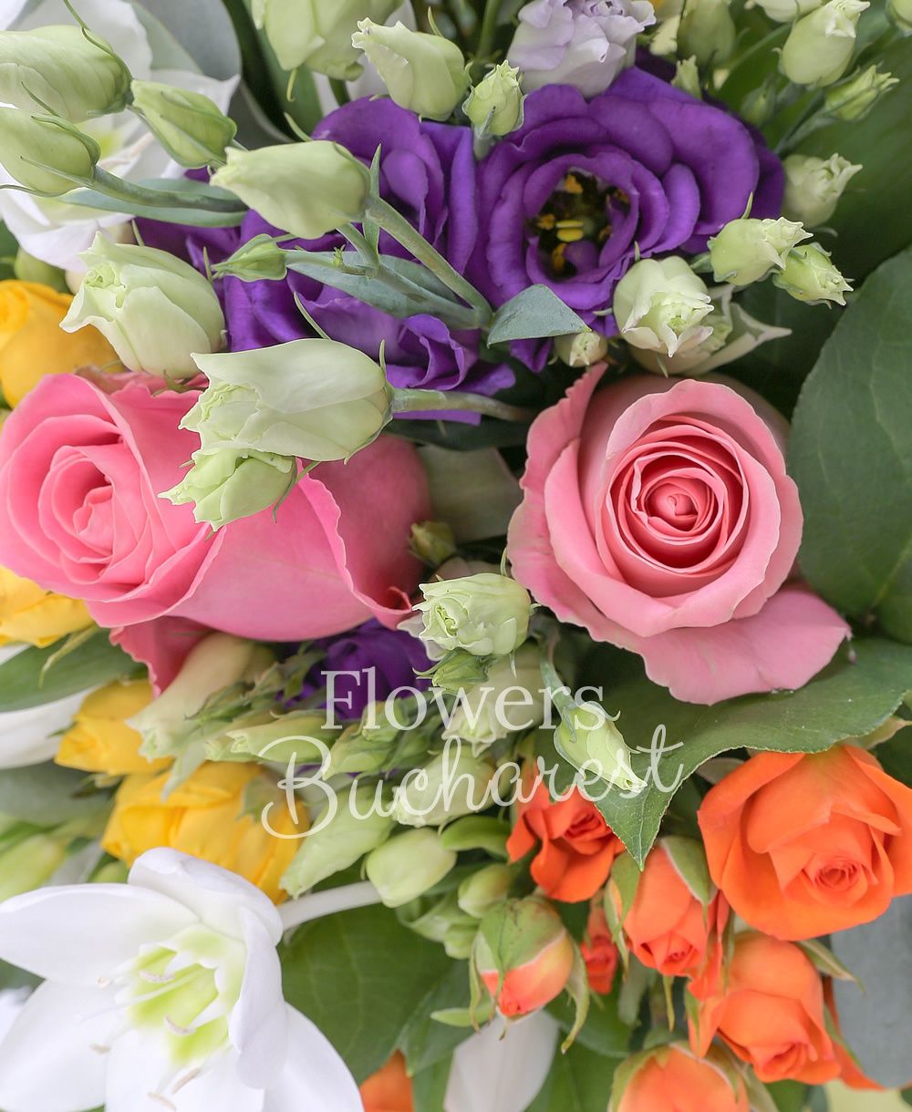 3 pink roses, 2 purple lisianthus, 3 white lisianthus, 3 yellow miniroses, 1 orange miniroses, 10 tulips, 3 eucharis, greenery